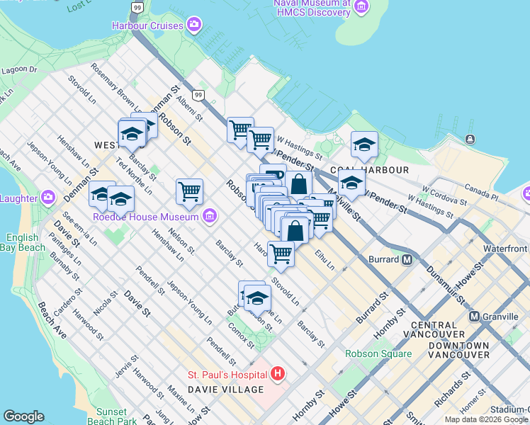 map of restaurants, bars, coffee shops, grocery stores, and more near 1325 Robson Street in Vancouver