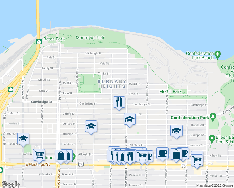 map of restaurants, bars, coffee shops, grocery stores, and more near Eton Street in Metro Vancouver