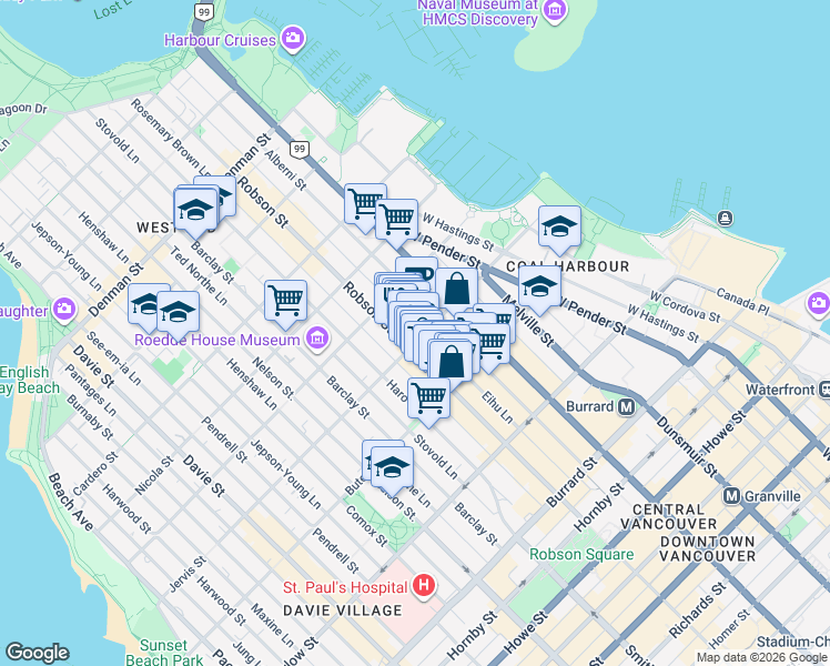 map of restaurants, bars, coffee shops, grocery stores, and more near 1290 Robson Street in Vancouver