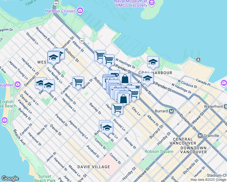 map of restaurants, bars, coffee shops, grocery stores, and more near 789 Jervis Street in Vancouver