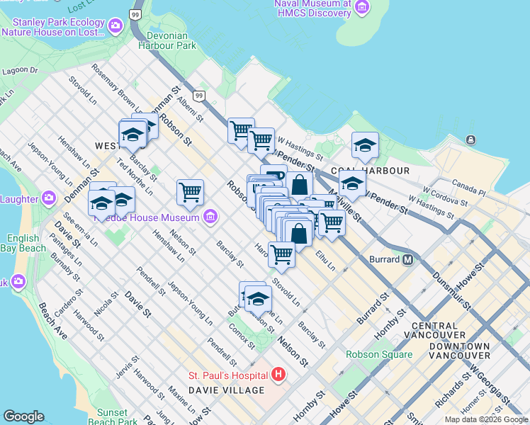 map of restaurants, bars, coffee shops, grocery stores, and more near 1329 Robson Street in Vancouver