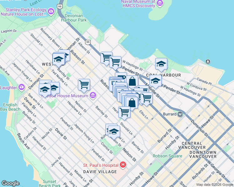 map of restaurants, bars, coffee shops, grocery stores, and more near 1329 Robson Street in Vancouver