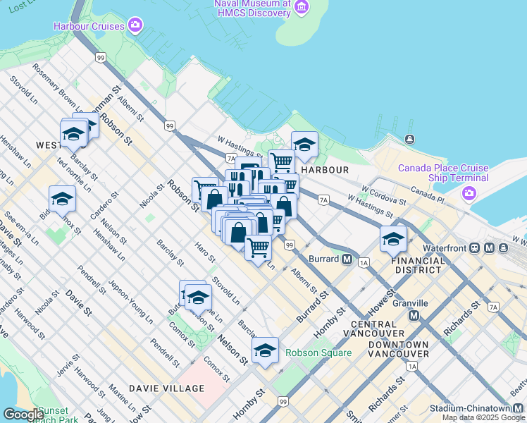 map of restaurants, bars, coffee shops, grocery stores, and more near 1203 West Georgia Street in Vancouver