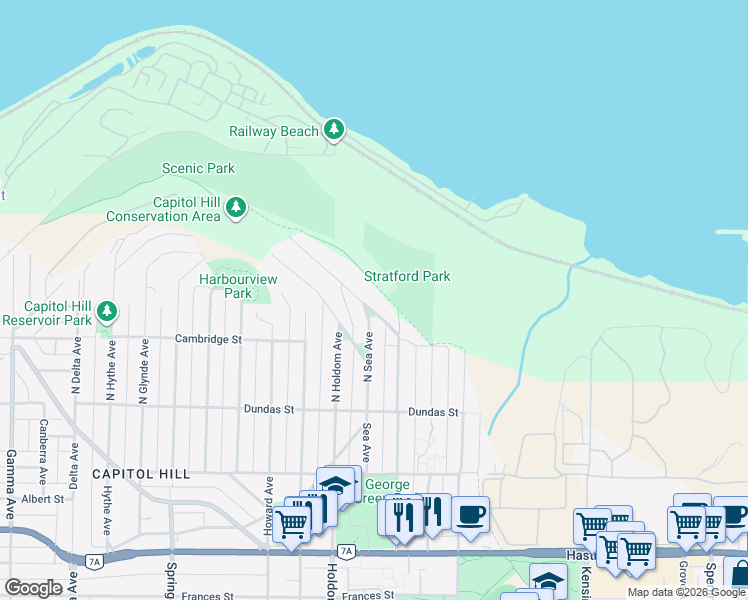 map of restaurants, bars, coffee shops, grocery stores, and more near 5807 Highfield Drive in Burnaby