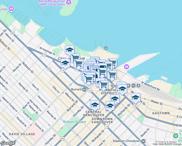 map of restaurants, bars, coffee shops, grocery stores, and more near 1066 West Hastings Street in Vancouver