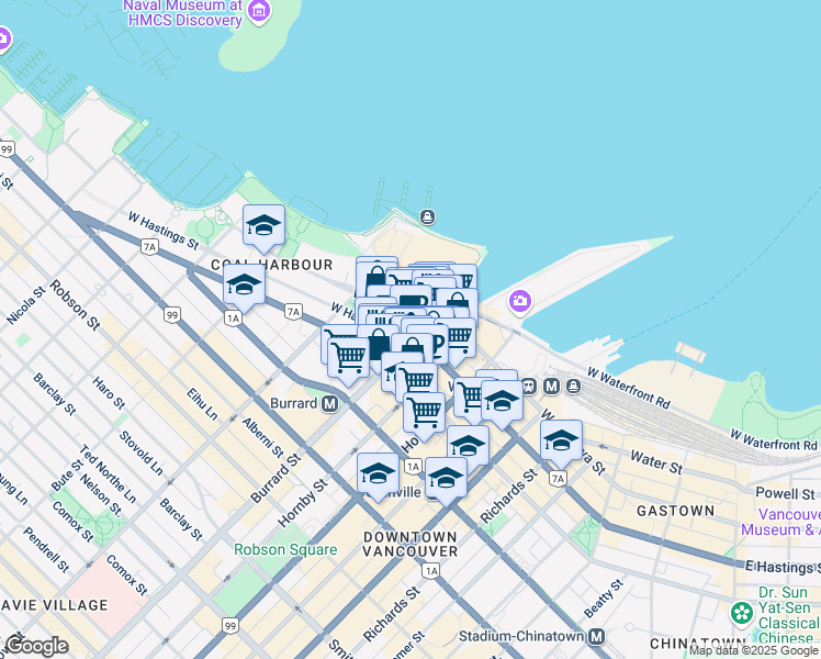 map of restaurants, bars, coffee shops, grocery stores, and more near in Vancouver