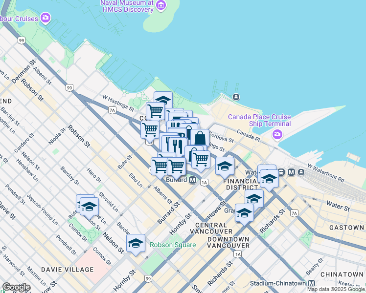 map of restaurants, bars, coffee shops, grocery stores, and more near 1055 Dunsmuir Street in Vancouver