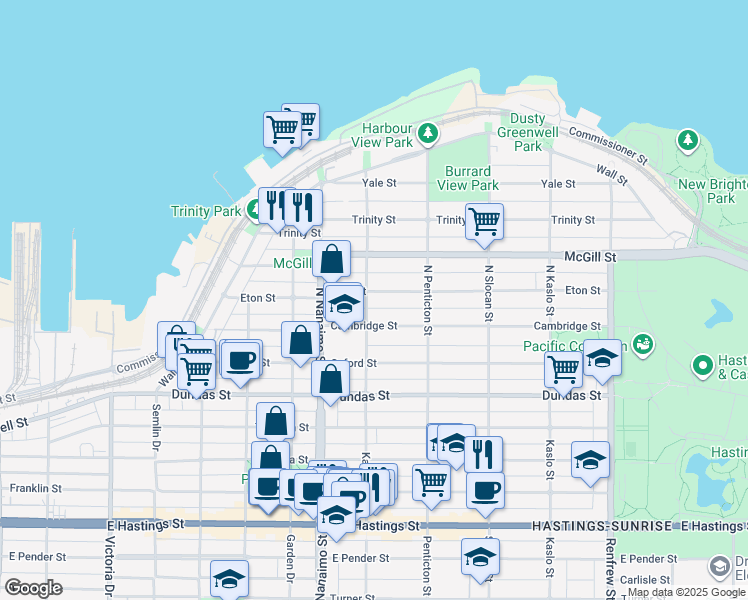 map of restaurants, bars, coffee shops, grocery stores, and more near 2504 Eton Street in Vancouver