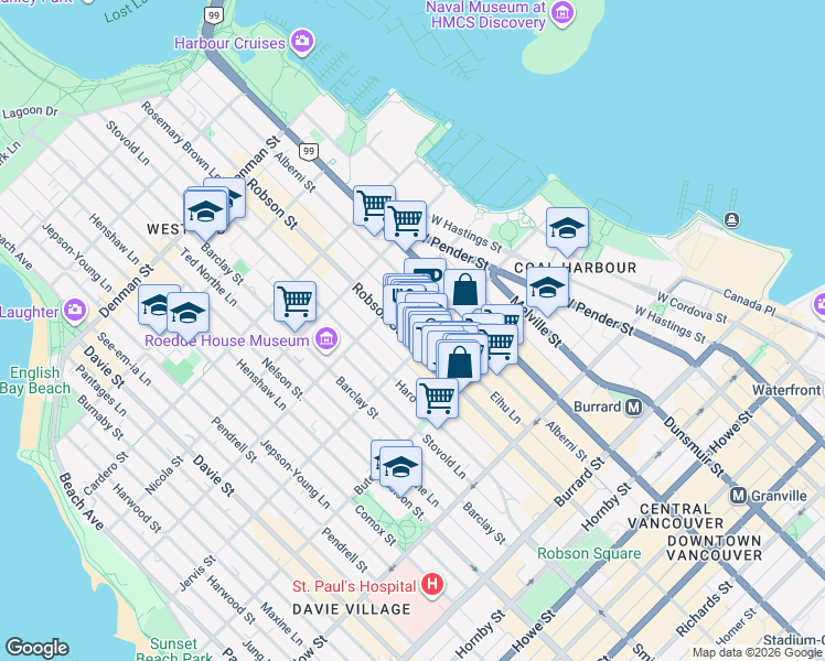 map of restaurants, bars, coffee shops, grocery stores, and more near 1290 Robson Street in Vancouver