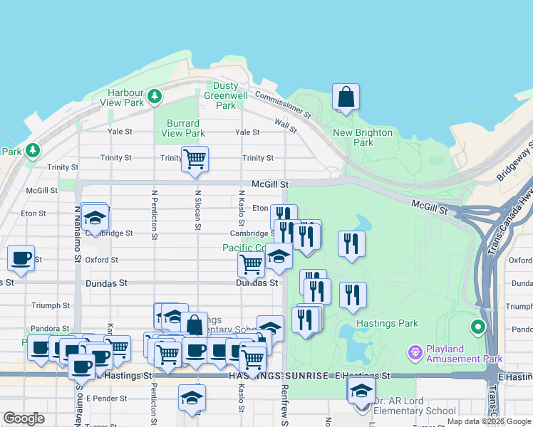 map of restaurants, bars, coffee shops, grocery stores, and more near 2862 Eton Street in Vancouver