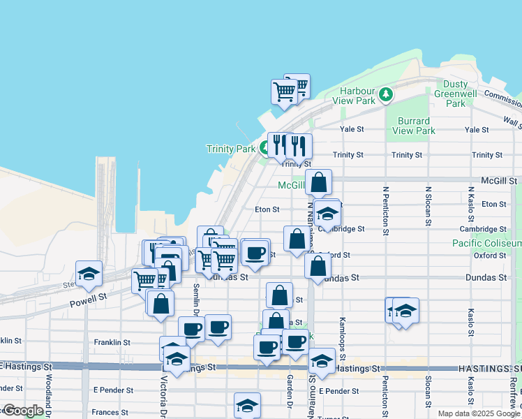 map of restaurants, bars, coffee shops, grocery stores, and more near 2212 Eton Street in Vancouver
