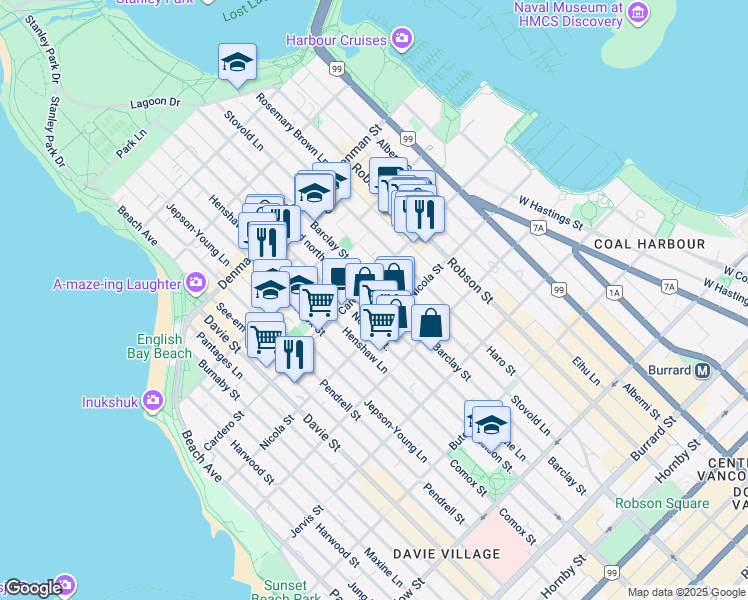 map of restaurants, bars, coffee shops, grocery stores, and more near 1550 Barclay Street in Vancouver