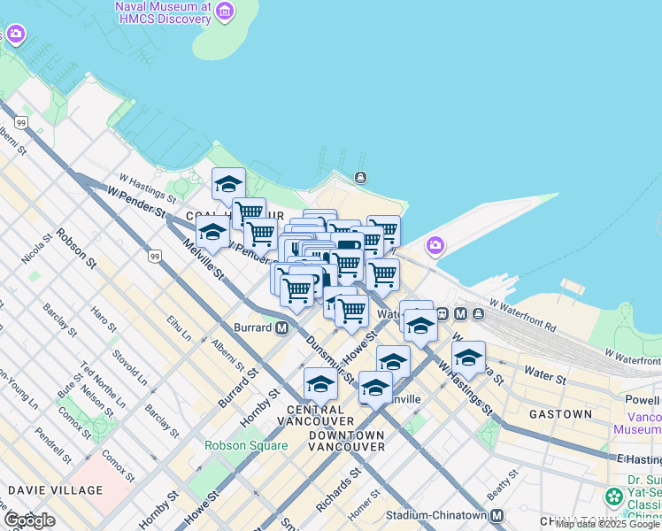 map of restaurants, bars, coffee shops, grocery stores, and more near 1021 West Hastings Street in Vancouver