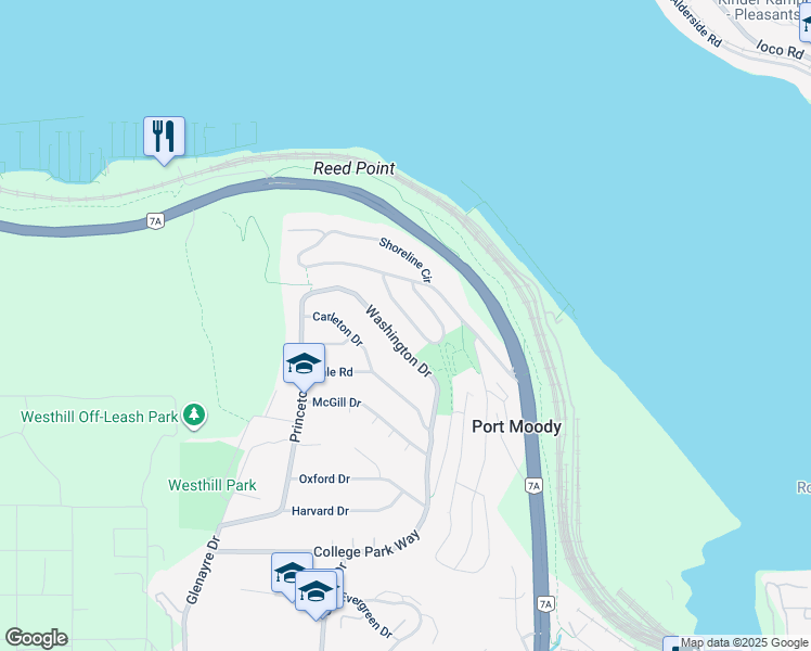 map of restaurants, bars, coffee shops, grocery stores, and more near 25 Burrard Crescent in Port Moody