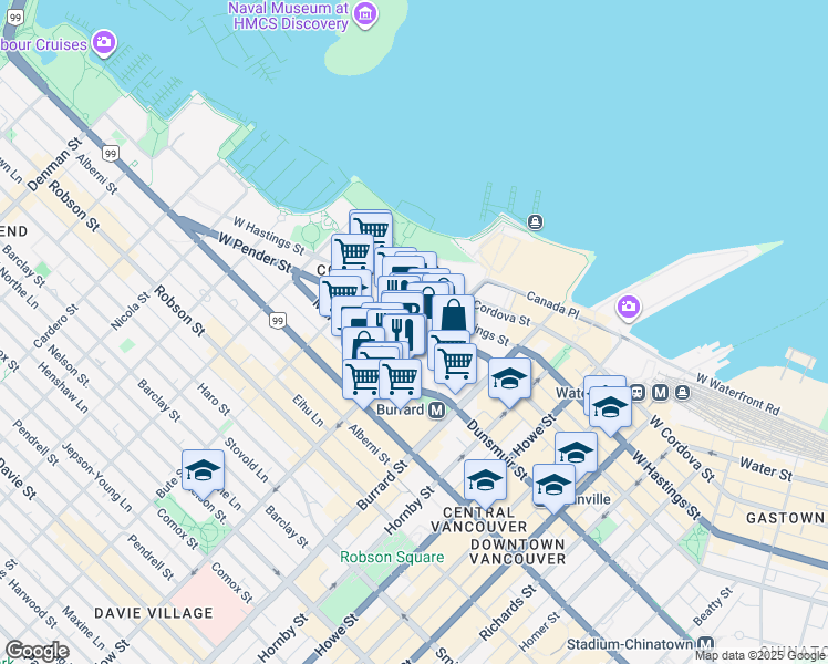 map of restaurants, bars, coffee shops, grocery stores, and more near 1055 Dunsmuir Street in Vancouver