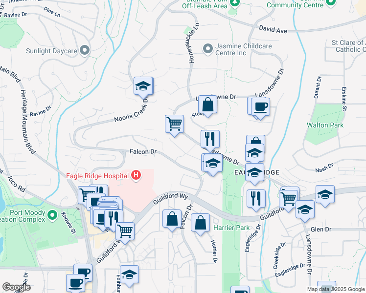 map of restaurants, bars, coffee shops, grocery stores, and more near 1283 Tercel Court in Coquitlam