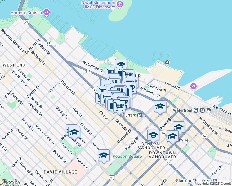 map of restaurants, bars, coffee shops, grocery stores, and more near 1181 Melville Street in Vancouver