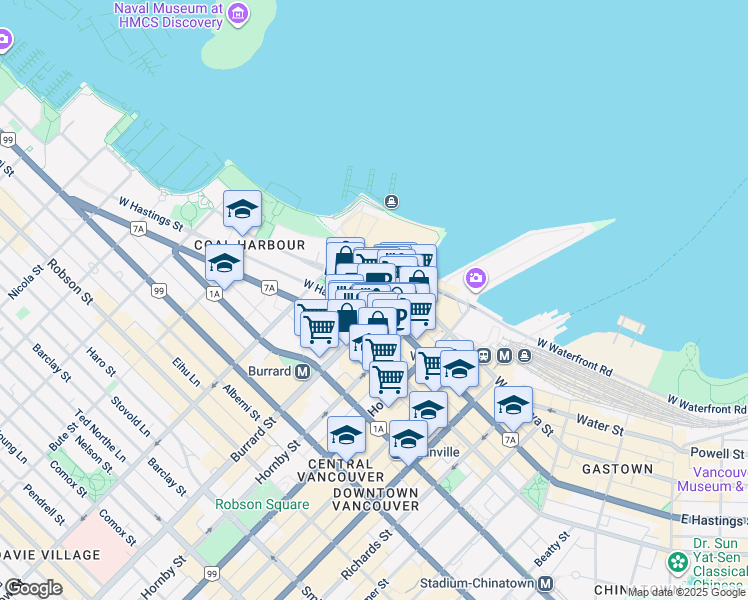 map of restaurants, bars, coffee shops, grocery stores, and more near 1021 West Hastings Street in Vancouver