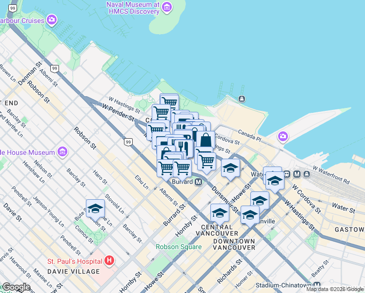 map of restaurants, bars, coffee shops, grocery stores, and more near 1055 Dunsmuir Street in Vancouver