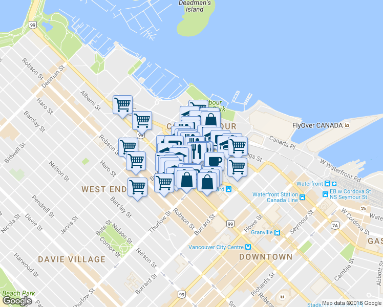 map of restaurants, bars, coffee shops, grocery stores, and more near 1100 Melville Street in Vancouver