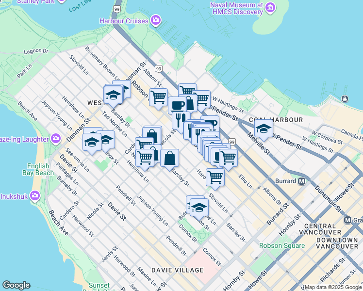 map of restaurants, bars, coffee shops, grocery stores, and more near in Vancouver