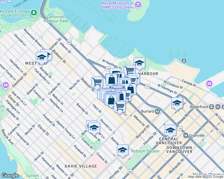 map of restaurants, bars, coffee shops, grocery stores, and more near 1288 West Georgia Street in Vancouver