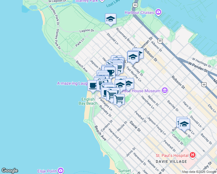 map of restaurants, bars, coffee shops, grocery stores, and more near 1770 Pendrell Street in Vancouver