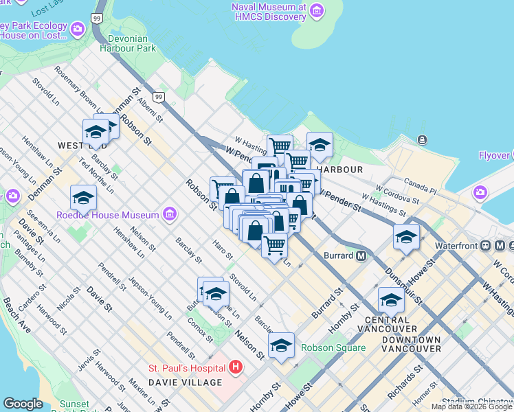 map of restaurants, bars, coffee shops, grocery stores, and more near 1288 West Georgia Street in Vancouver