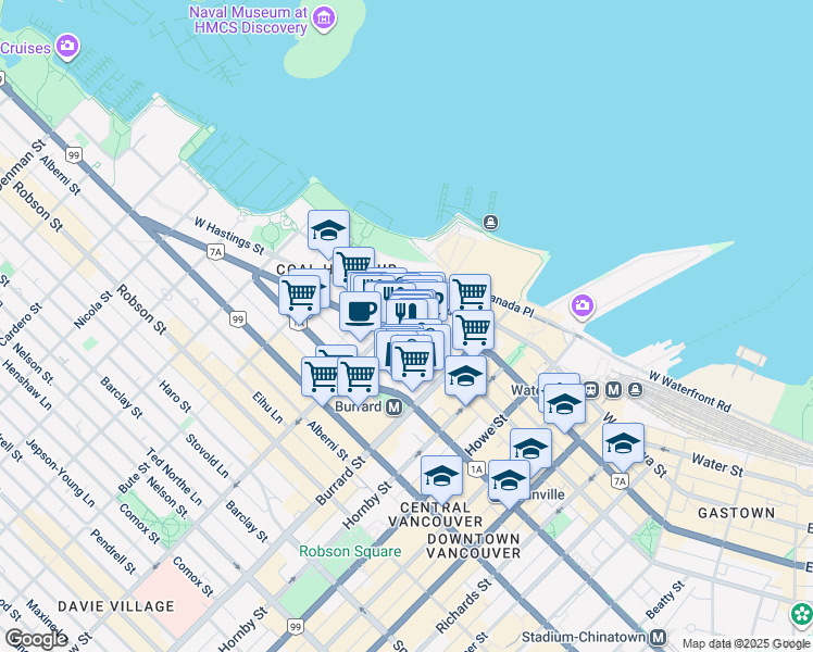 map of restaurants, bars, coffee shops, grocery stores, and more near 1075 West Pender Street in Vancouver