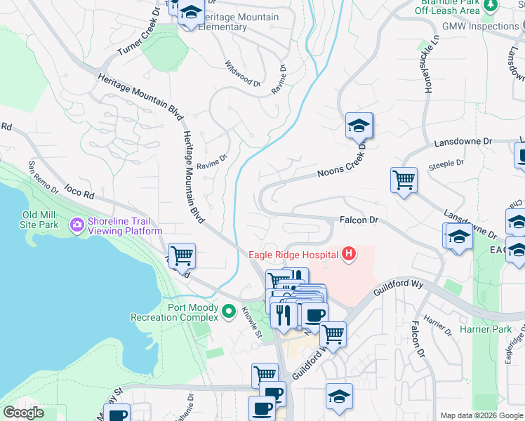 map of restaurants, bars, coffee shops, grocery stores, and more near 839 Alexander Bay in Port Moody