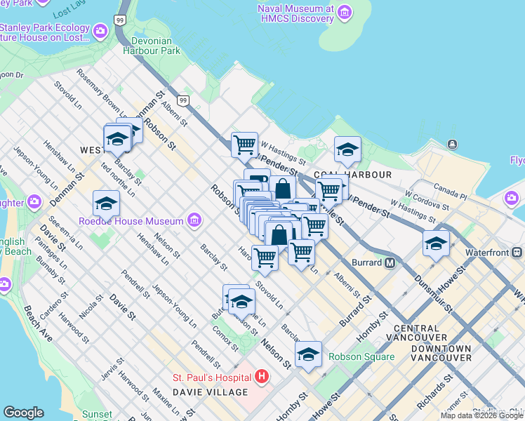 map of restaurants, bars, coffee shops, grocery stores, and more near 717 Jervis Street in Vancouver
