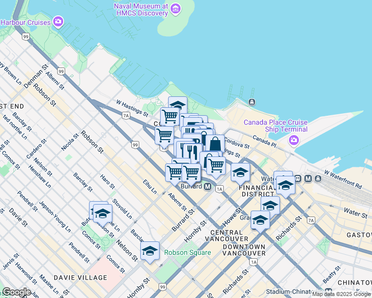 map of restaurants, bars, coffee shops, grocery stores, and more near 1055 Dunsmuir Street in Vancouver