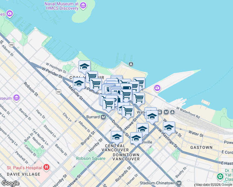 map of restaurants, bars, coffee shops, grocery stores, and more near 1055 West Hastings Street in Vancouver