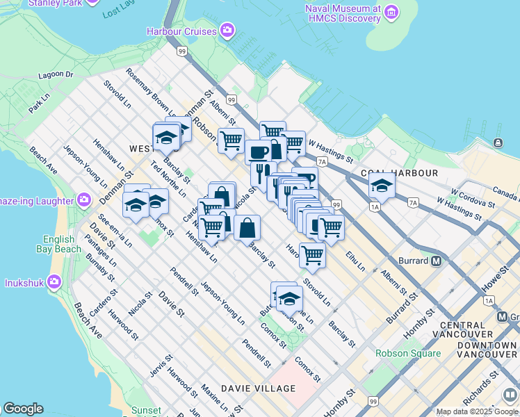 map of restaurants, bars, coffee shops, grocery stores, and more near in Vancouver