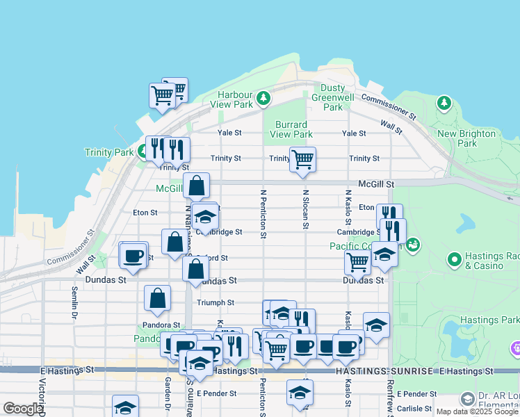 map of restaurants, bars, coffee shops, grocery stores, and more near 2594 Eton Street in Vancouver