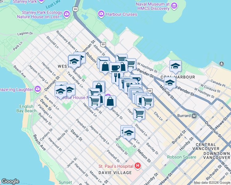 map of restaurants, bars, coffee shops, grocery stores, and more near 1425 Haro Street in Vancouver