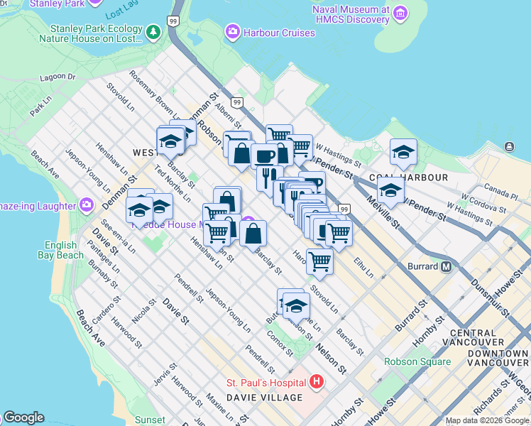 map of restaurants, bars, coffee shops, grocery stores, and more near 1425 Haro Street in Vancouver