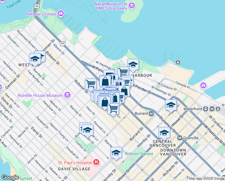 map of restaurants, bars, coffee shops, grocery stores, and more near 1239 West Georgia Street in Vancouver