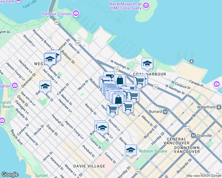 map of restaurants, bars, coffee shops, grocery stores, and more near 717 Jervis Street in Vancouver