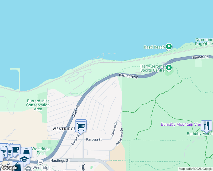 map of restaurants, bars, coffee shops, grocery stores, and more near 7352 Barnet Road in Burnaby