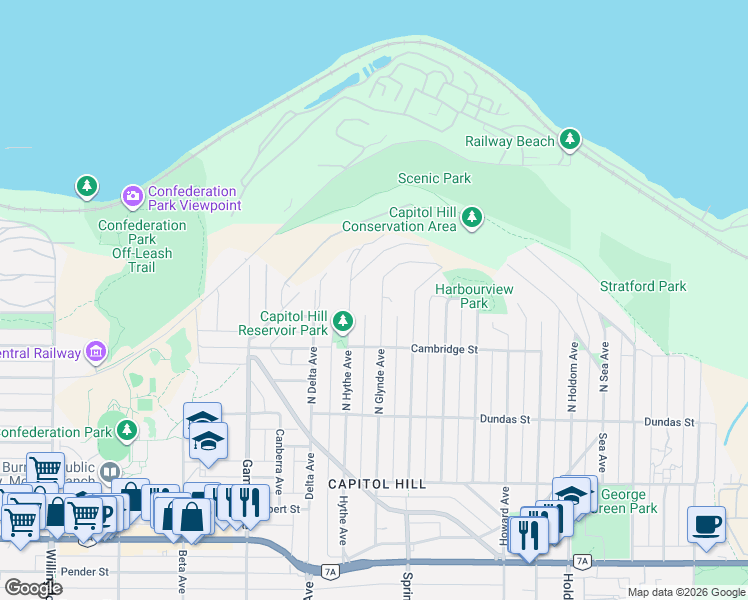 map of restaurants, bars, coffee shops, grocery stores, and more near 389 North Glynde Avenue in Burnaby
