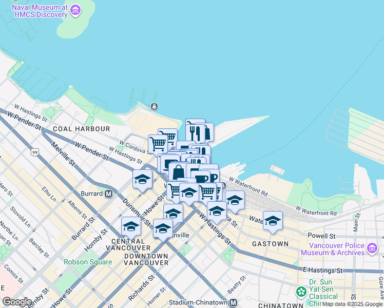 map of restaurants, bars, coffee shops, grocery stores, and more near 999 Canada Place in Vancouver