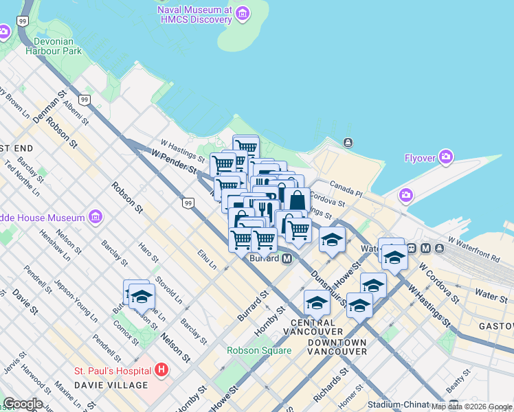 map of restaurants, bars, coffee shops, grocery stores, and more near 1140 West Pender Street in Vancouver