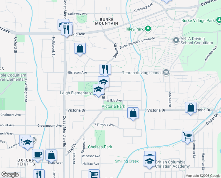 map of restaurants, bars, coffee shops, grocery stores, and more near 3433 Darwin Avenue in Coquitlam