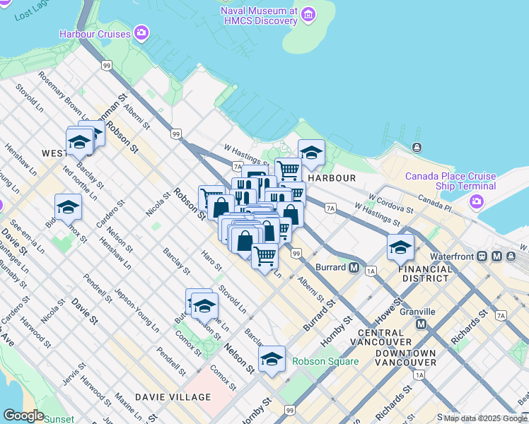 map of restaurants, bars, coffee shops, grocery stores, and more near in Vancouver