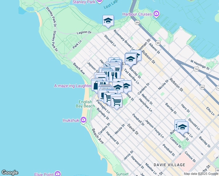 map of restaurants, bars, coffee shops, grocery stores, and more near 1765 Pendrell Street in Vancouver