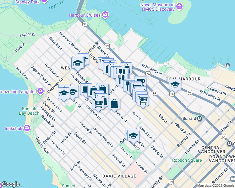 map of restaurants, bars, coffee shops, grocery stores, and more near 1433 Haro Street in Vancouver