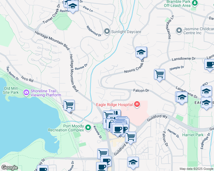 map of restaurants, bars, coffee shops, grocery stores, and more near 882 Cunningham Lane in Port Moody