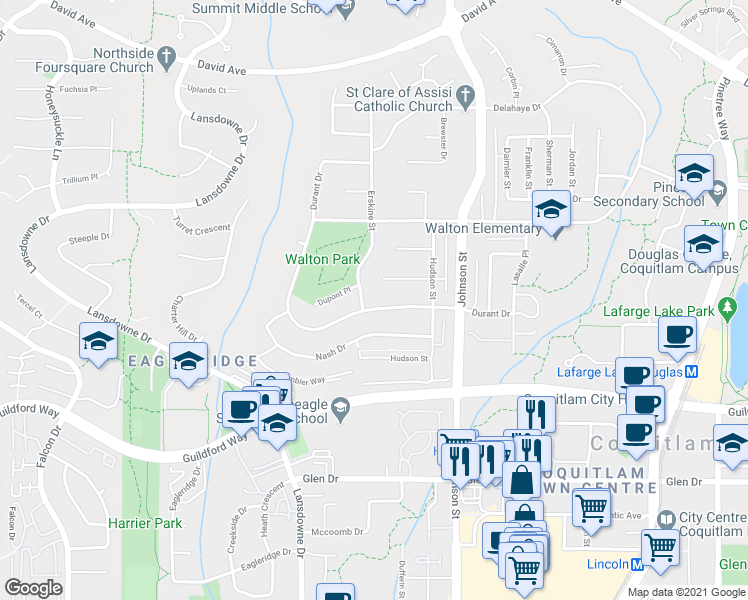 map of restaurants, bars, coffee shops, grocery stores, and more near 1207 Durant Drive in Coquitlam