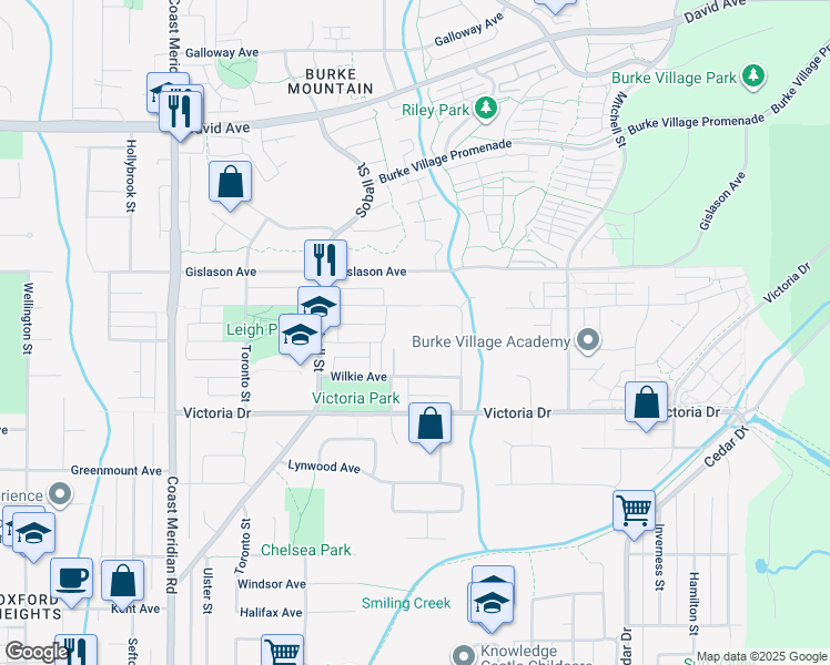 map of restaurants, bars, coffee shops, grocery stores, and more near 3459 Darwin Avenue in Coquitlam